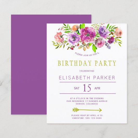 Papier Russe budget floral invitation fête d'anniversaire (Devant / Derrière)