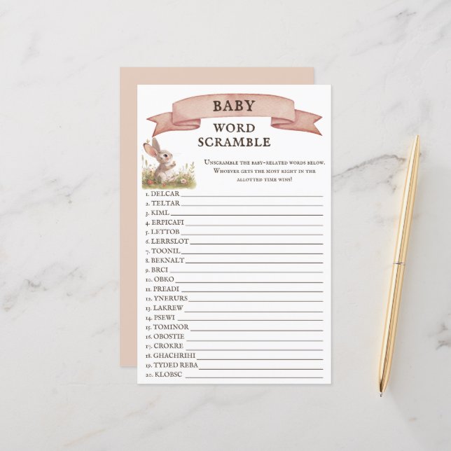 Papier Russe Bunny Baby shower Word Scramble Jeu (Devant/Arrière en situation)
