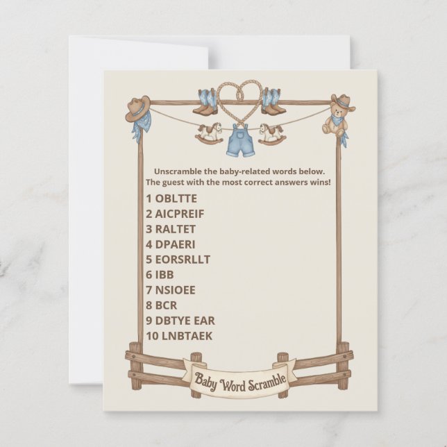 Papier Rustic Baby Word Scramble Game Card (Devant)