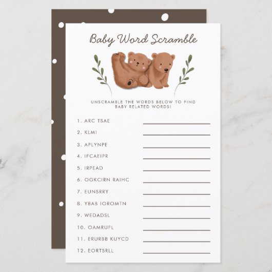 Papier Rustic Bears Twins Baby Word Scramble Jeu (Devant / Derrière)