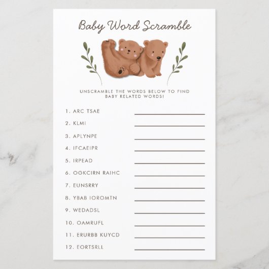 Papier Rustic Bears Twins Baby Word Scramble Jeu (Devant)