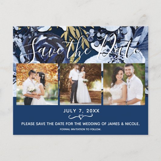 Papier Rustic Blue & Gold Floral Photo Enregistrer la dat (Devant)