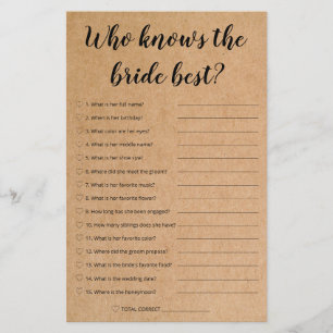 Papier Rustic Bridal Game - Qui Connaît Le Mieux La Marié