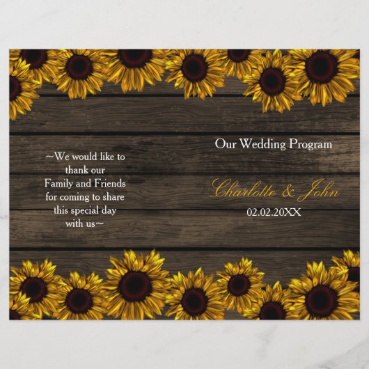 Papier Rustic Country Sunflower Grange Wood Wedding Progr (Devant)