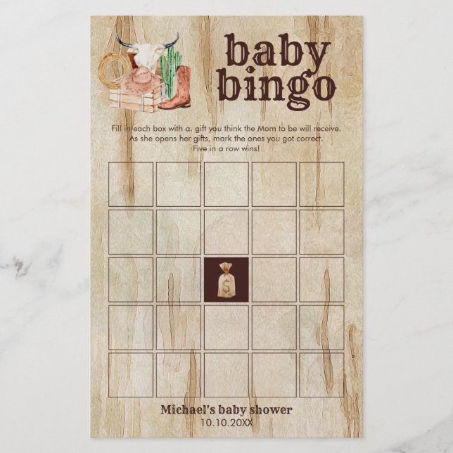 Papier Rustic Cowboy Baby Shower Cactus Desert Bingo Game (Devant)