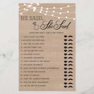 Papier Rustic Il a dit qu'elle a dit jeu de douche nuptia