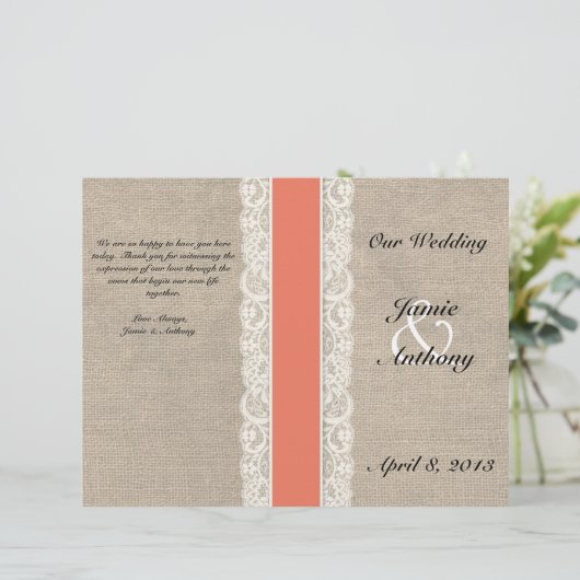 Papier Rustic Lace & Burlap Coral Ribbon Wedding Programm (Debout devant)