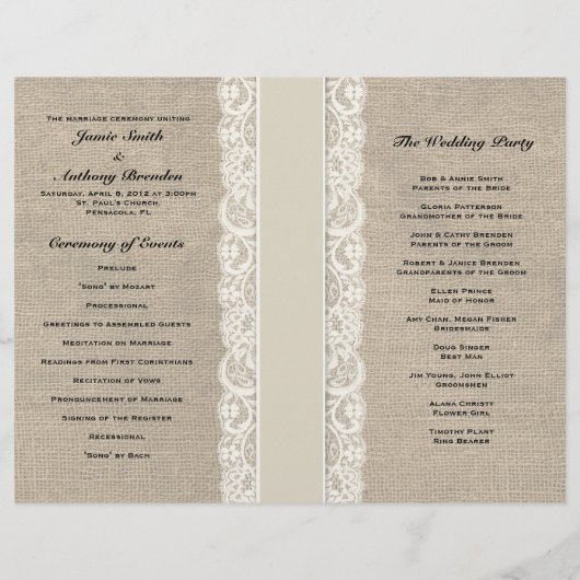 Papier Rustic Lace & Burlap Ivory Ribbon Wedding Programm (Dos)