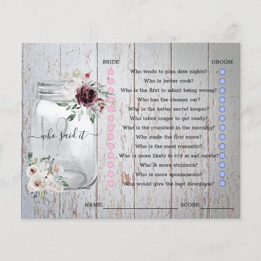 Papier Rustic Mason Jar Fête des mariées Jame (Devant)