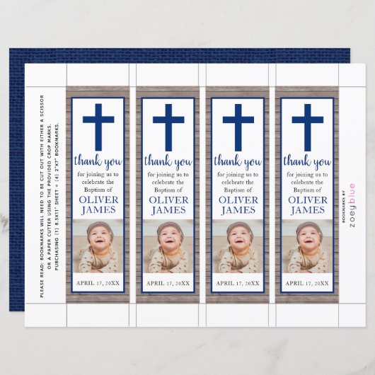 Papier Rustic Navy Blue Boy Baptême Signet photo (Devant / Derrière)