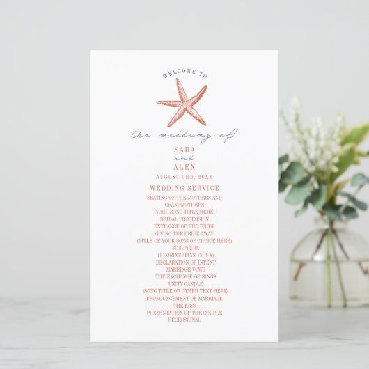 Papier Rustic Starfish Red & Blue Beach Wedding Program (Debout devant)