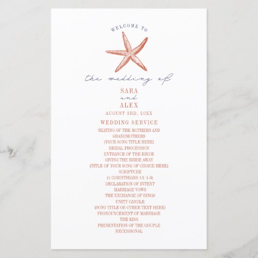 Papier Rustic Starfish Red & Blue Beach Wedding Program (Devant)