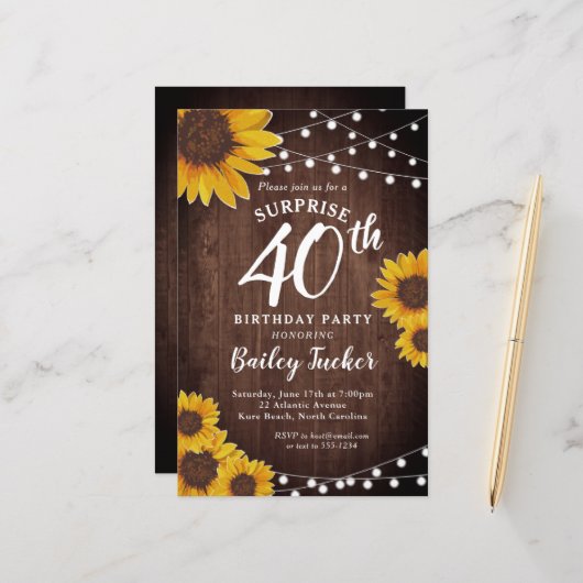 Papier Rustic Sunflower Surprise 40e anniversaire Invitat (Devant/Arrière en situation)