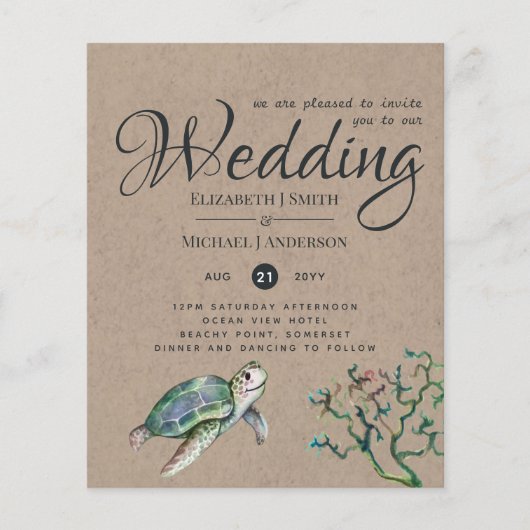 Papier Rustic Turtle Océan Mariage Invite Budget (Devant)