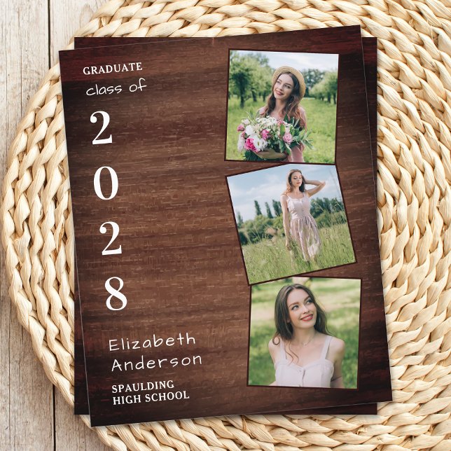 Papier Rustic Wood 3 Photo Budget Graduation Invitation d (Créateur téléchargé)