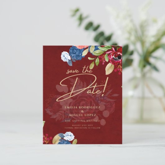Papier Rustique Bourgogne Bleu Floral Mariage ENREGISTRER (Debout devant)