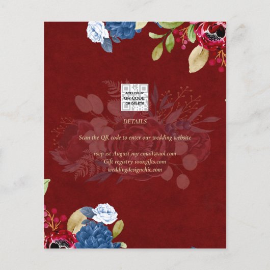 Papier Rustique Bourgogne Bleu Floral Mariage ENREGISTRER (Dos)
