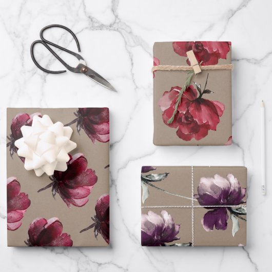 Papier Rustique Kraft Fleurs Rouges Dusty Sur Pied (Recto)