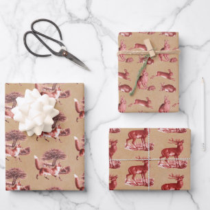 Papier Rustique Kraft Red Toile Deer Fox Hare Rabb