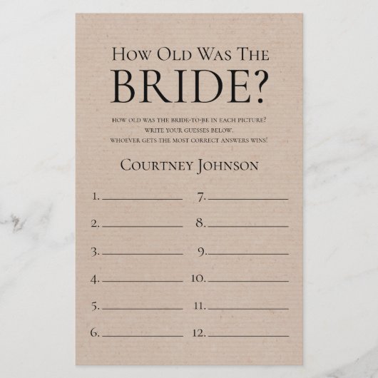Papier Rustique Quel âge avait la mariée ? Jeu de fête pr (Devant)
