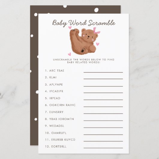 Papier Rustique rose ours Bébé Mot Scramble Jeu (Devant / Derrière)