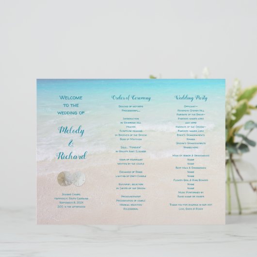 Papier Sable Dollars Plage Scène Tri-Fold Wedding Program (Debout devant)