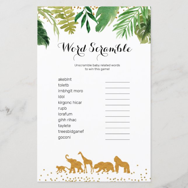 Papier Safari animal aquarelle Word Scramble Jeu, (Devant)