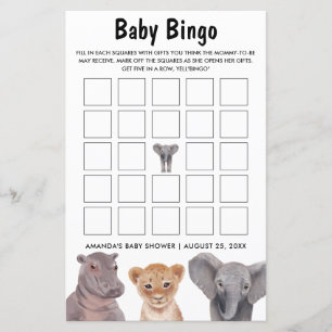 Papier Safari Animaux Baby Bingo Baby showers Jeux
