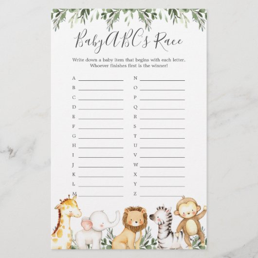 Papier Safari Animaux Baby shower ABC's Race Game (Devant)
