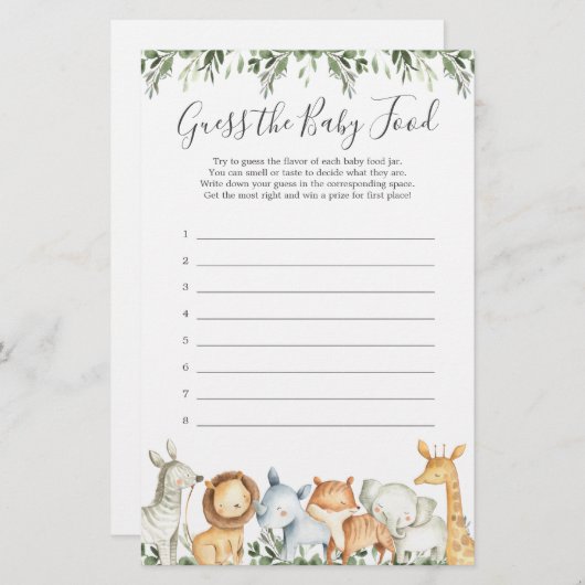 Papier Safari Animaux Baby shower Devinez La Nourriture P (Devant / Derrière)