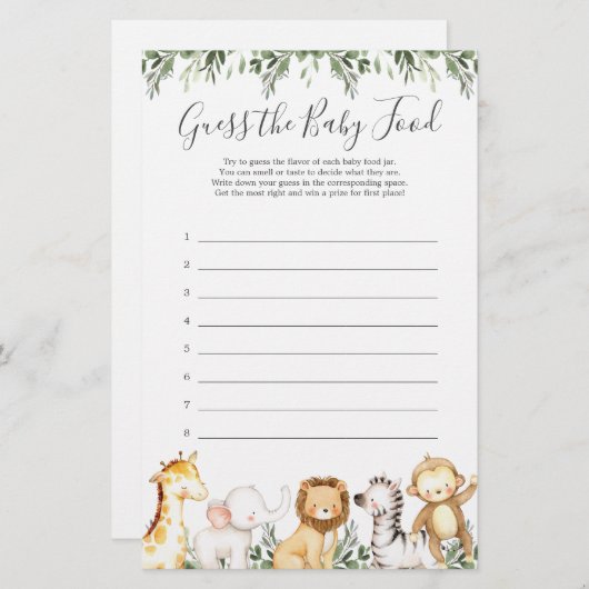 Papier Safari Animaux Baby shower Devinez La Nourriture P (Devant / Derrière)