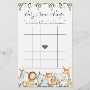 Papier Safari Animaux Baby shower Jeu de Bingo