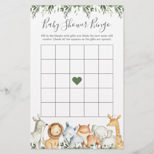 Papier Safari Animaux Baby shower Jeu de Bingo (Devant)