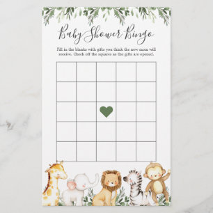 Papier Safari Animaux Baby shower Jeu de Bingo