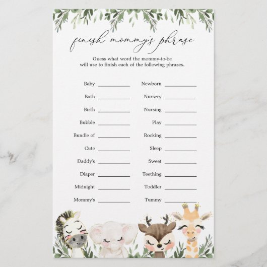 Papier Safari Animaux Baby shower Terminer la phrase de m (Devant)
