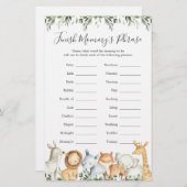 Papier Safari Animaux Baby shower Terminer la phrase de m (Devant / Derrière)