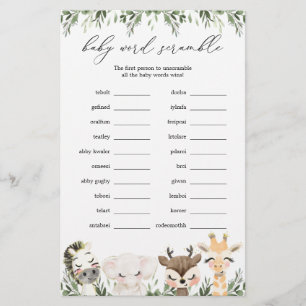 Papier Safari Animaux Baby shower Word Scramble Jeu