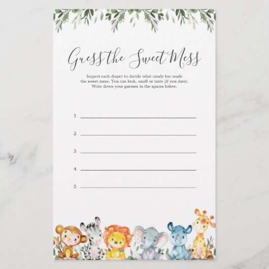 Papier Safari Animaux Baby showers Devinez Le Mess Sweet (Devant)