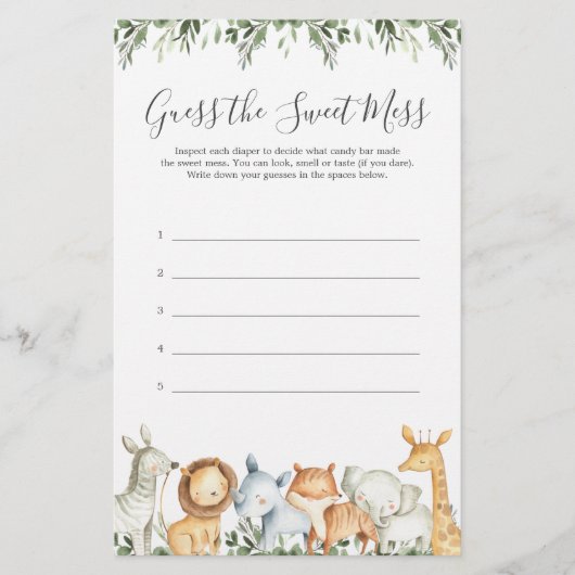 Papier Safari Animaux Baby showers Devinez Le Mess Sweet (Devant)