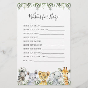Papier Safari Animaux Baby showers Voeux Pour Bébé