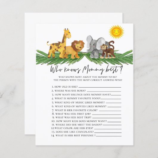 Papier Safari Animaux Qui connaît maman Baby shower Jeu (Devant / Derrière)