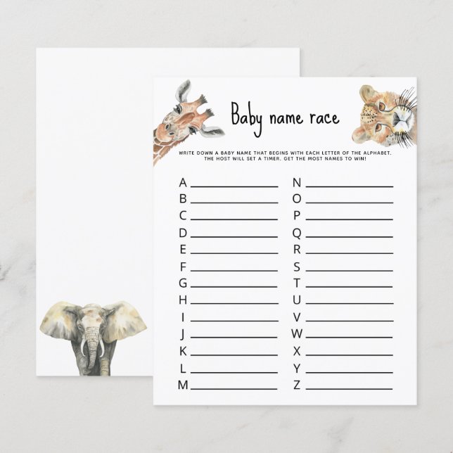 Papier Safari animaux sauvages - Baby name race game (Devant / Derrière)