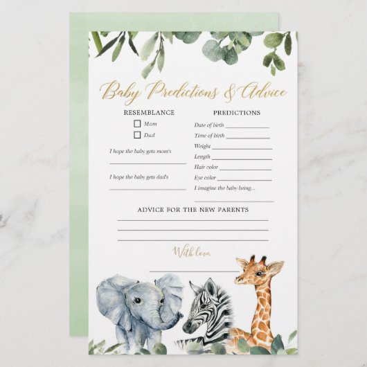 Papier Safari animaux verdure bébé prédictions conseils (Devant / Derrière)