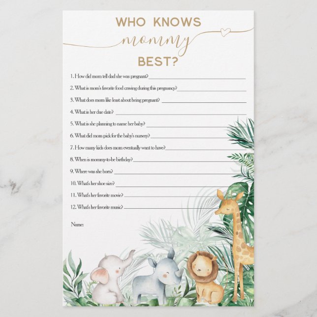 Papier Safari Baby Animal Green jeu de Baby shower (Devant)