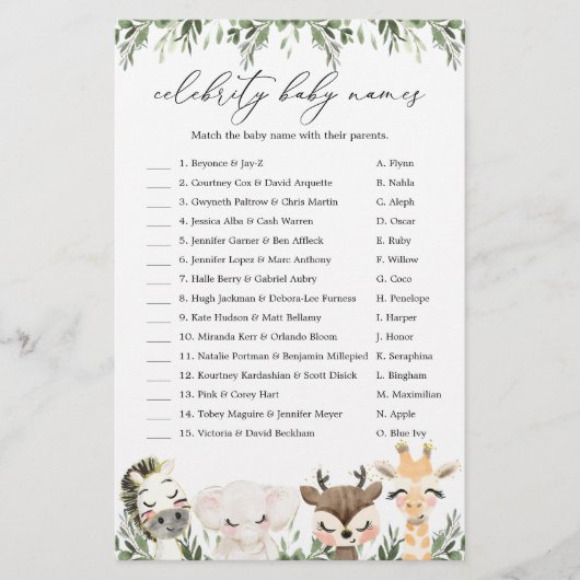 Papier Safari Baby shower Celebrity Baby Names Jeu (Devant)