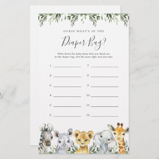 Papier Safari Baby shower Devinez ce qu'il y a dans le sa (Devant / Derrière)