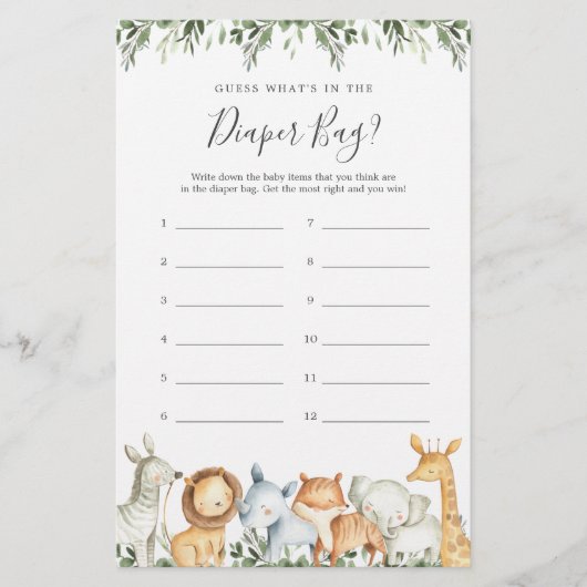 Papier Safari Baby shower Devinez ce qu'il y a dans le sa (Devant)