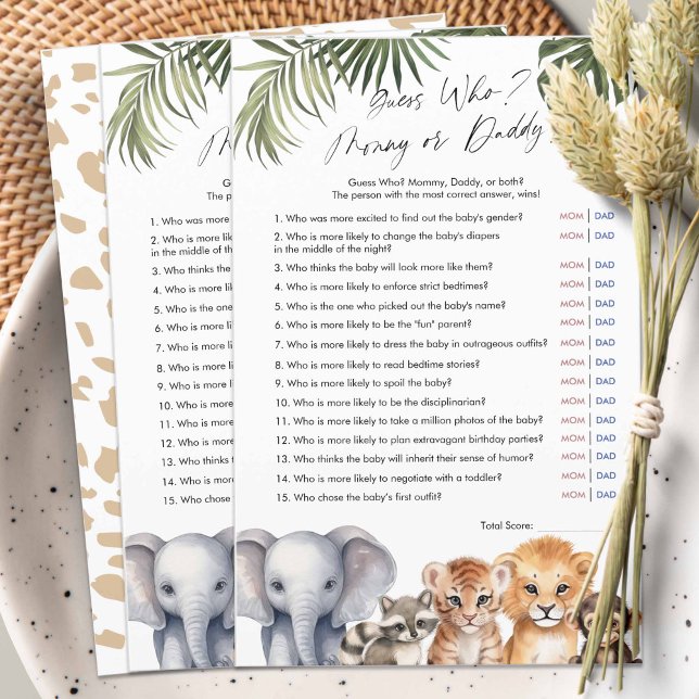 Papier Safari Devine Maman ou Papa, jeu de Baby Shower (Safari Animals, baby Boy Shower game, Guess Who, Mommy or Daddy?)