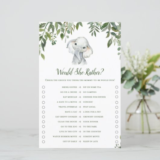 Papier Safari Jungle Elephant Baby shower Jeu IMPRIMÉ (Debout devant)