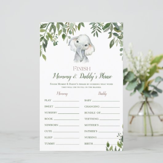 Papier Safari Jungle Elephant Baby shower Jeu IMPRIMÉ (Debout devant)